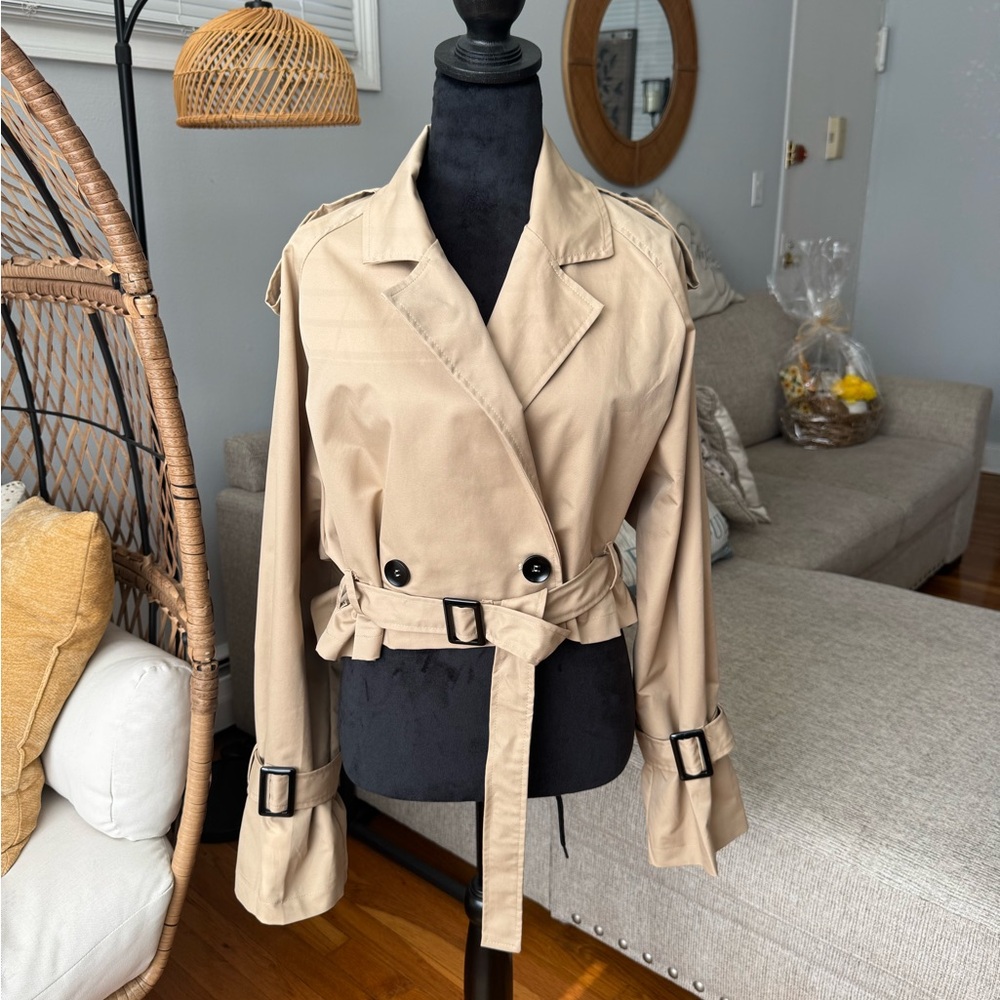Amazon Taupe Cropped Trench Coat with Belt